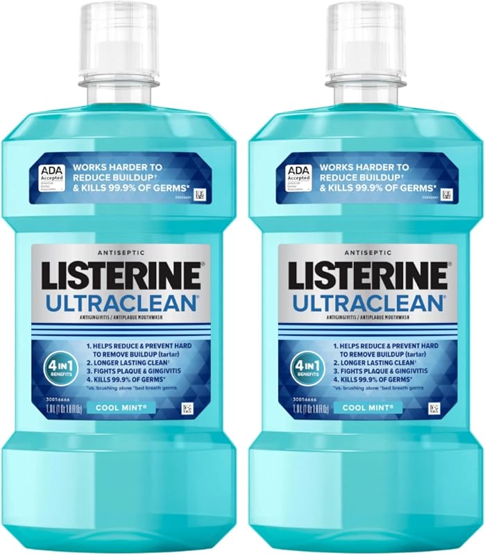 Listerine Ultraclean Enjuague bucal antiséptico para el cuidado bucal, tecnología Everfresh para ayudar a combatir el mal aliento, la gingivitis, la placa y el sarro, enjuague bucal con control de sarro aceptado por ADA, menta fresca, 1 L (paquete de 2)