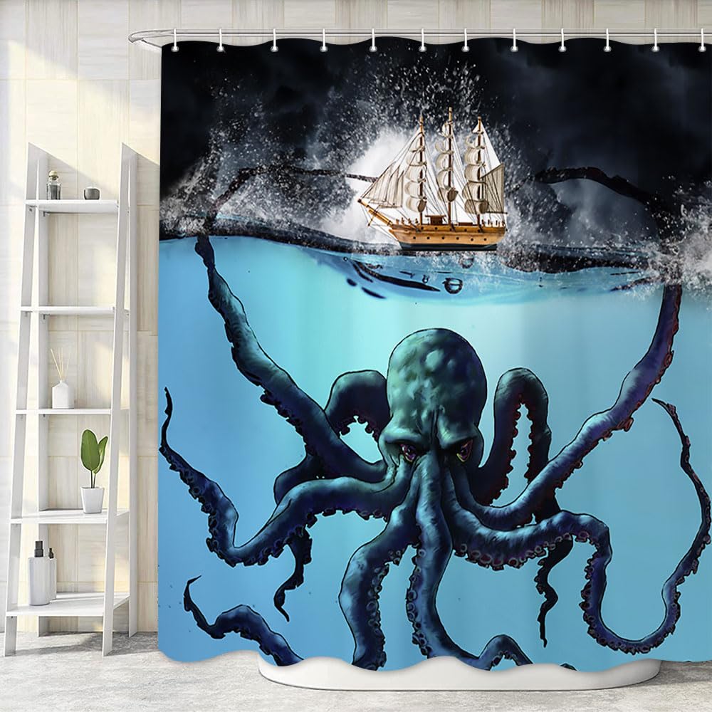 Octopus Duschvorhang-Set – 178x178 Cm, Polyester, Mit Haken, Nautisches Design Mit Krake