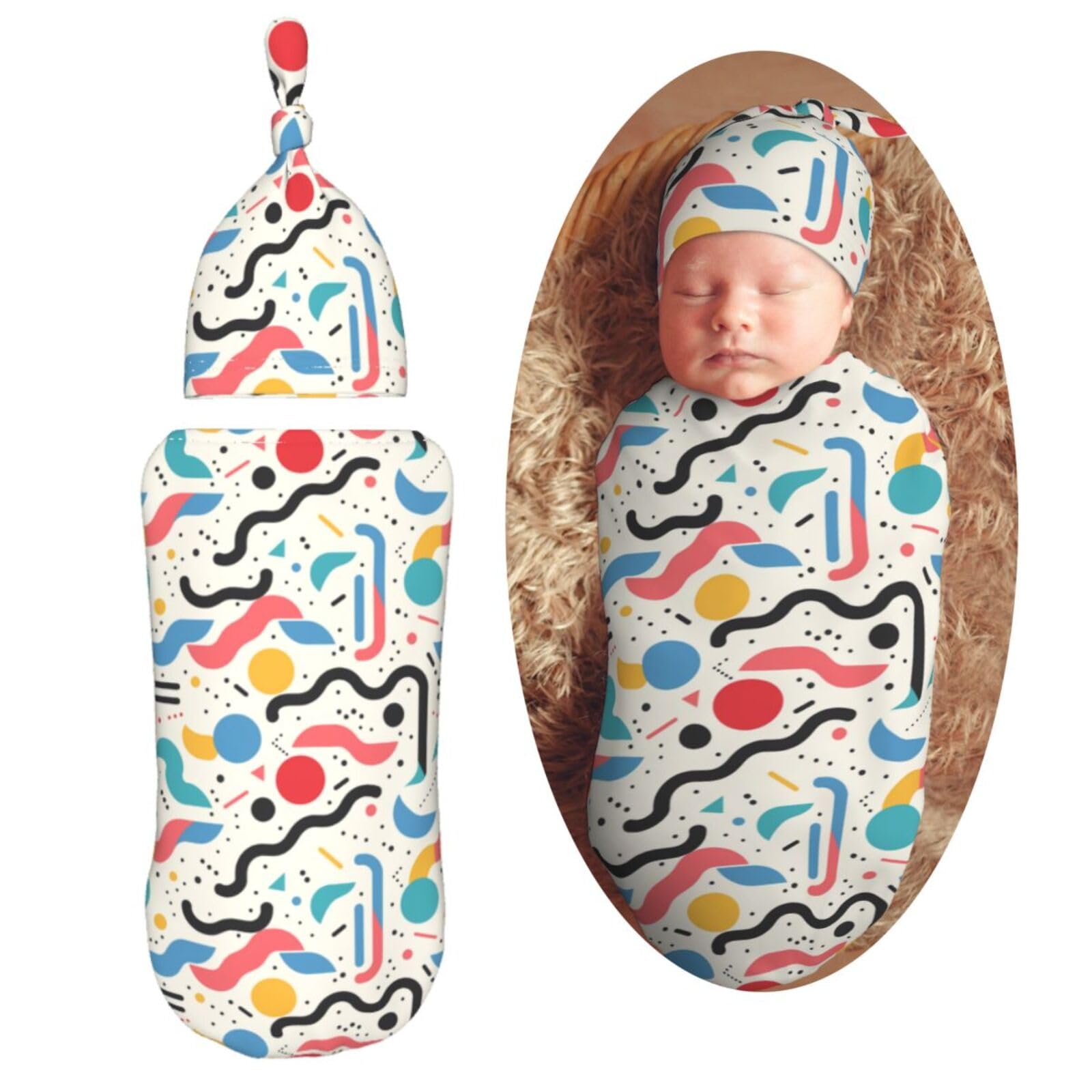 90s Pattern Newborn Swaddle Blankets Hat Sets Soft Baby Receiving Blanket Swaddle Sack for Baby Shower Infant Boy Girl Gift