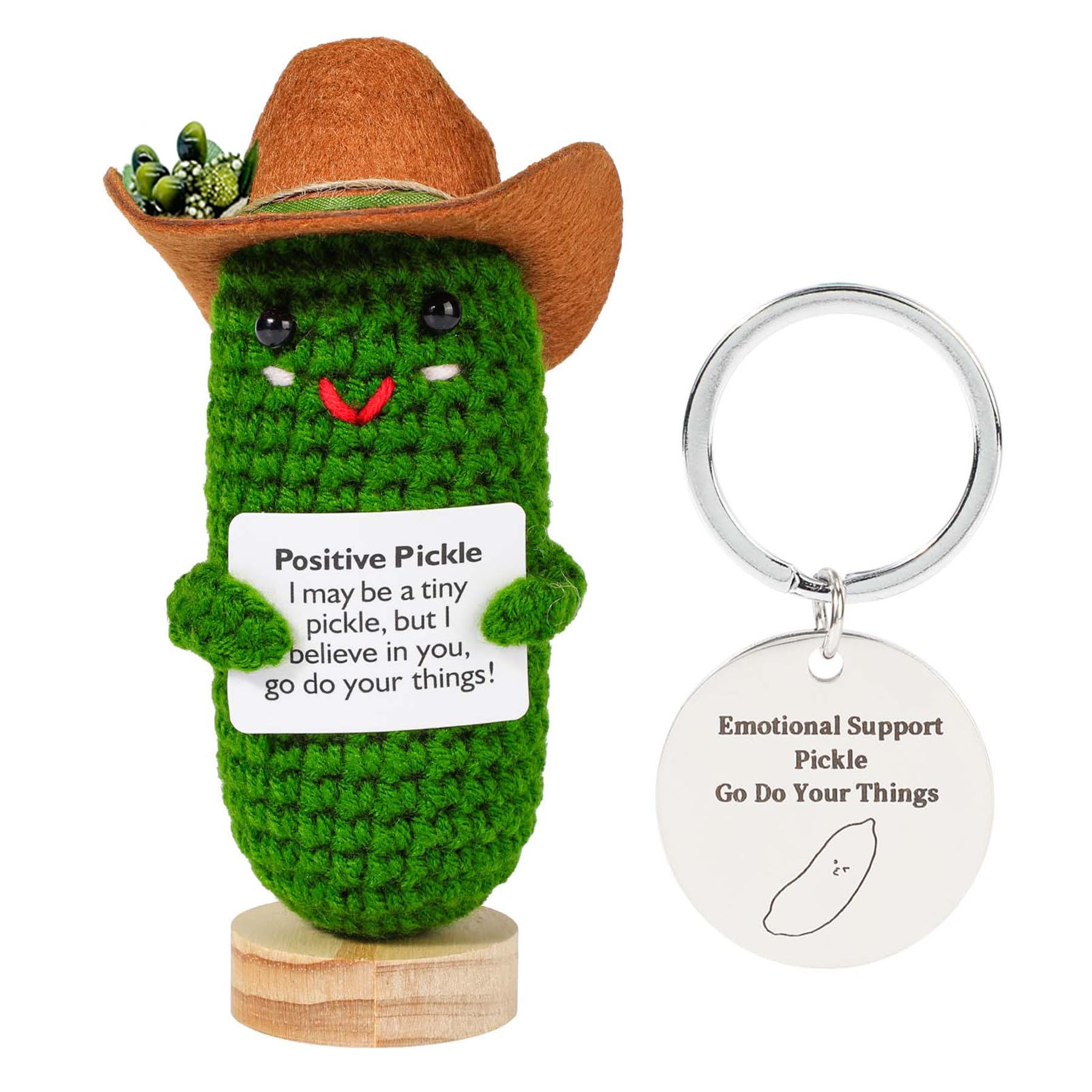 Vspek Positive Gifts Emotional Support Pickle Cucumber Key Chain Charm, Cowboy Hat Crochet Doll, Home Office Desk Decor, Cute Birthday Gifts for Her Him Friend Coworker Sister Teacher, Green โ image 1
