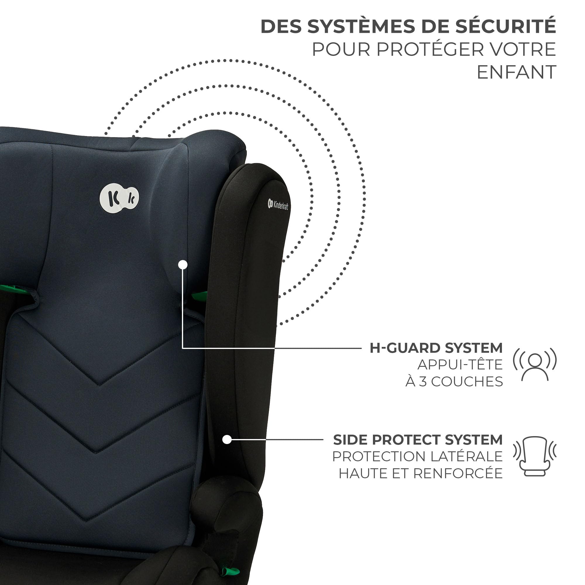 Kinderkraft I-SPARK i-Size Siège auto bébé Groupe 2/3 100-150 cm, de 3,5 à 12 ans, 15 à 36 kg, léger (4,85 kg), ceinture de sécurité à 3 points, Protection latérale, Noir