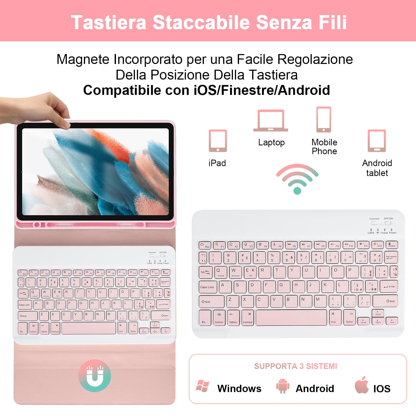 SOPPY Custodia per Tastiera Samsung Galaxy Tab A8, Italiano QWERTY, Custodia con Tastiera Rimovibile per Samsung Galaxy Tab A8 10,5" 2022/2021 (SM-X200/X205/X207), Rosa