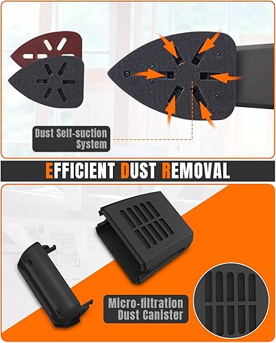 Miniatura 5 de DWT Lijadora de detalles, lijadora eléctrica de 1.5A 15000 OPM con 24 piezas de lija, sistema eficiente de recolección de polvo y accesorio de dedo