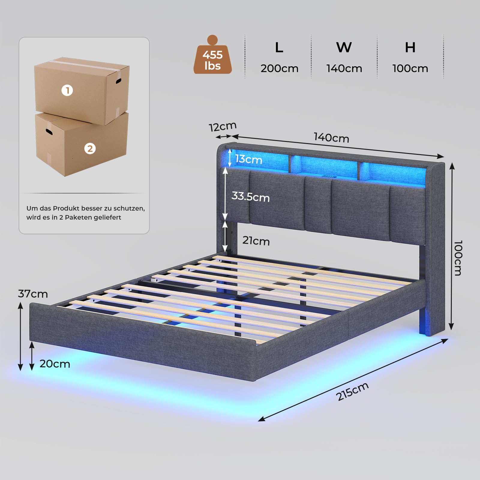 AOGLLATI Polsterbett 140x200cm, Bett 140x200 mit LED Beleuchtung und Ladestation, Schwebebett mit Kopfteil, Lattenrost aus Metall, Leichte Montage, Doppelbett, Leinen, Dunkelgrau (ohne Matratze)