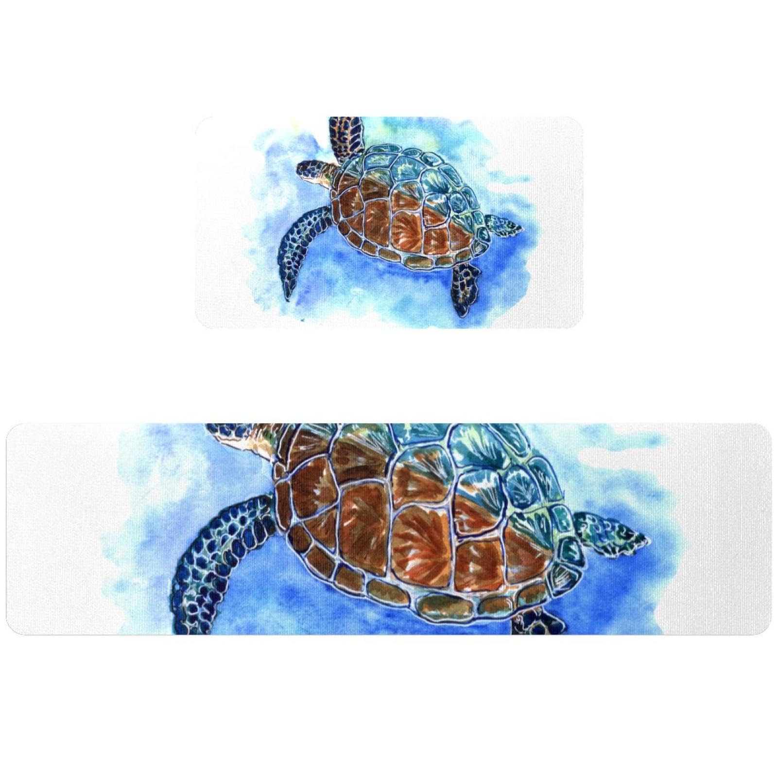Tapete de cocina de 2 piezas con diseño de tortuga marina azul y base antideslizante