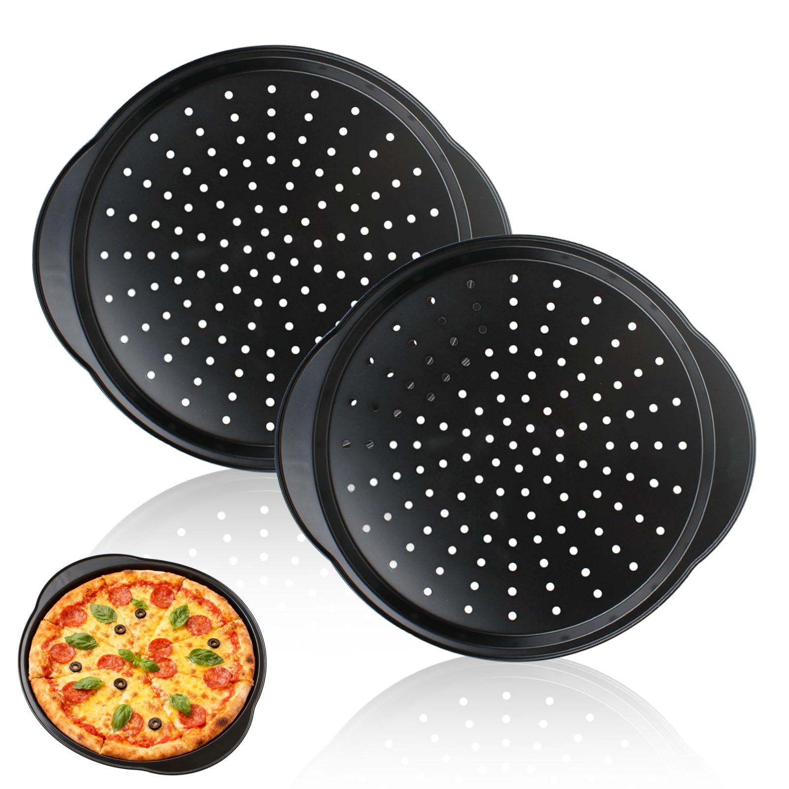 GANILITY 14 Inch Pizza Tray, 2 Pieces Dishwasher Safe Pizza Trays for Oven, Carbon Steel Round Pizzas Pan with Handle, Carbon Steel Pizzas Pans with Holes, for Cooking, Baking, Roasting (Black)