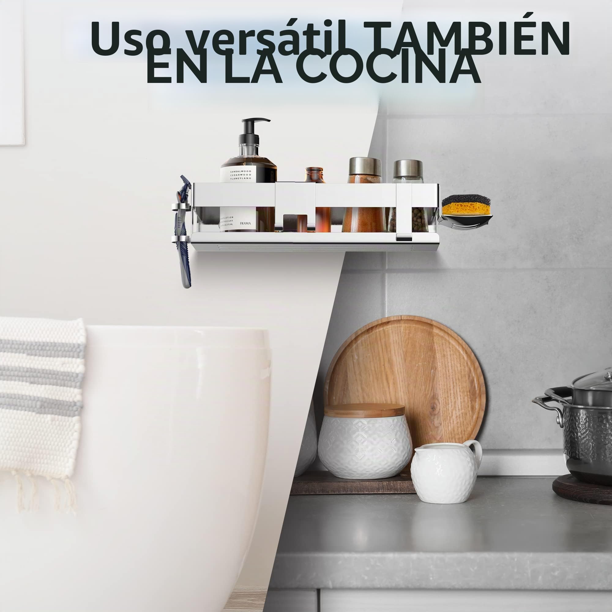 HENAL® - Estante de Ducha 5 en 1 de Acero Inoxidable Brillante sin taladrar, Estante de Ducha con Soporte de afeitadora, portaescobilla de Ducha, jabonera y Ganchos, Organizador XXL