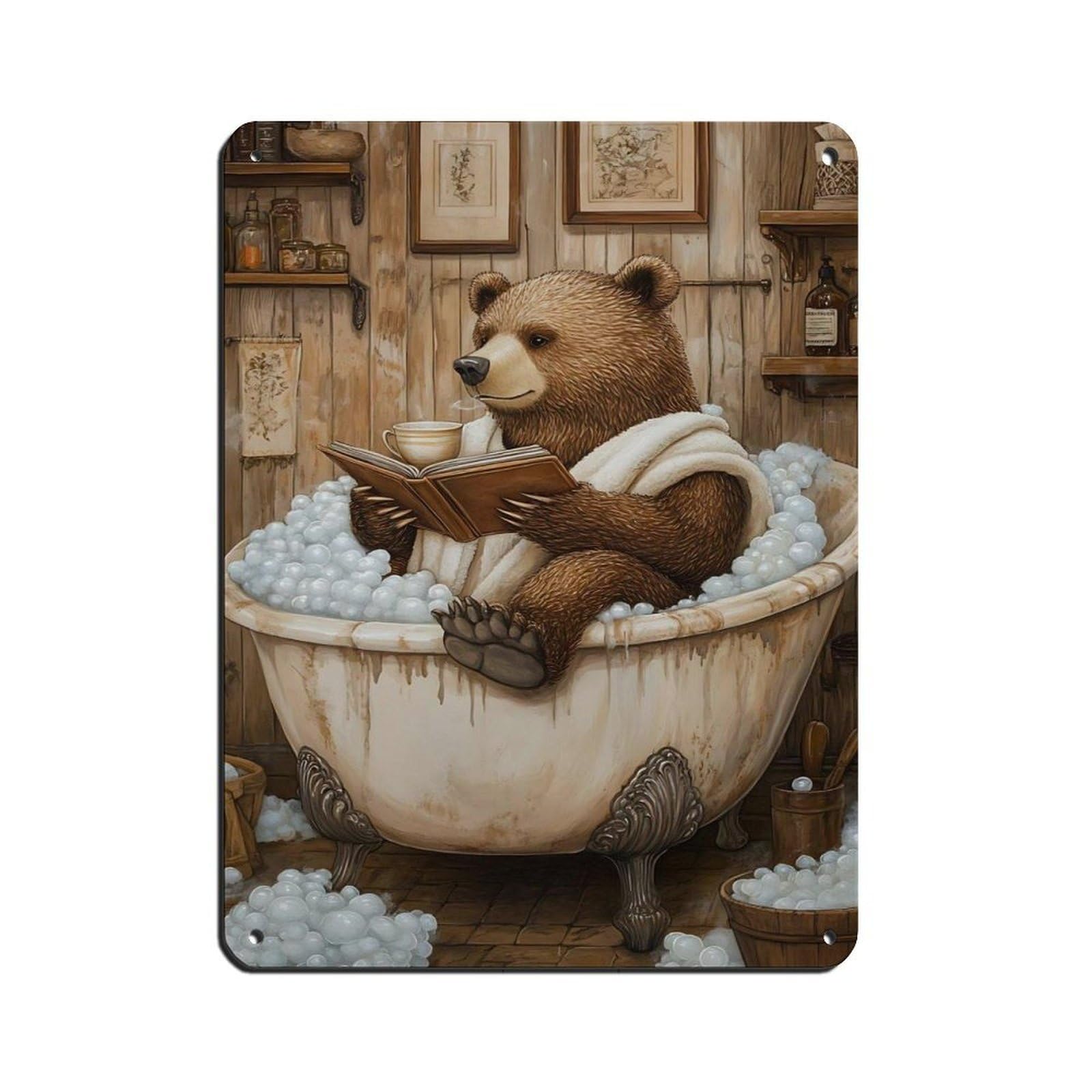 Whimsical Bear Bathtub,Bathroom Decor Retro Poster Metal Tin Sign Chic Art Retro Iron Painting Bar People Cave Cafe Family Garage Poster Wall Decoration 12x16inch(30x40cm)