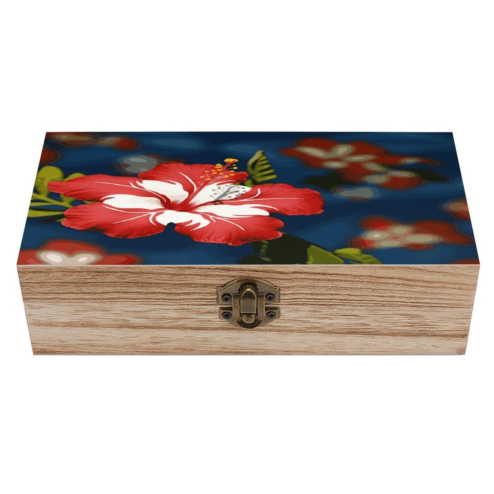 Btcowzrv Style Hawaii Flower Wooden Storage Box, Keepsake Box With Hinged And Retro Lock, Wood Jewelry Organizer For Photos & Mementos And Home Decor