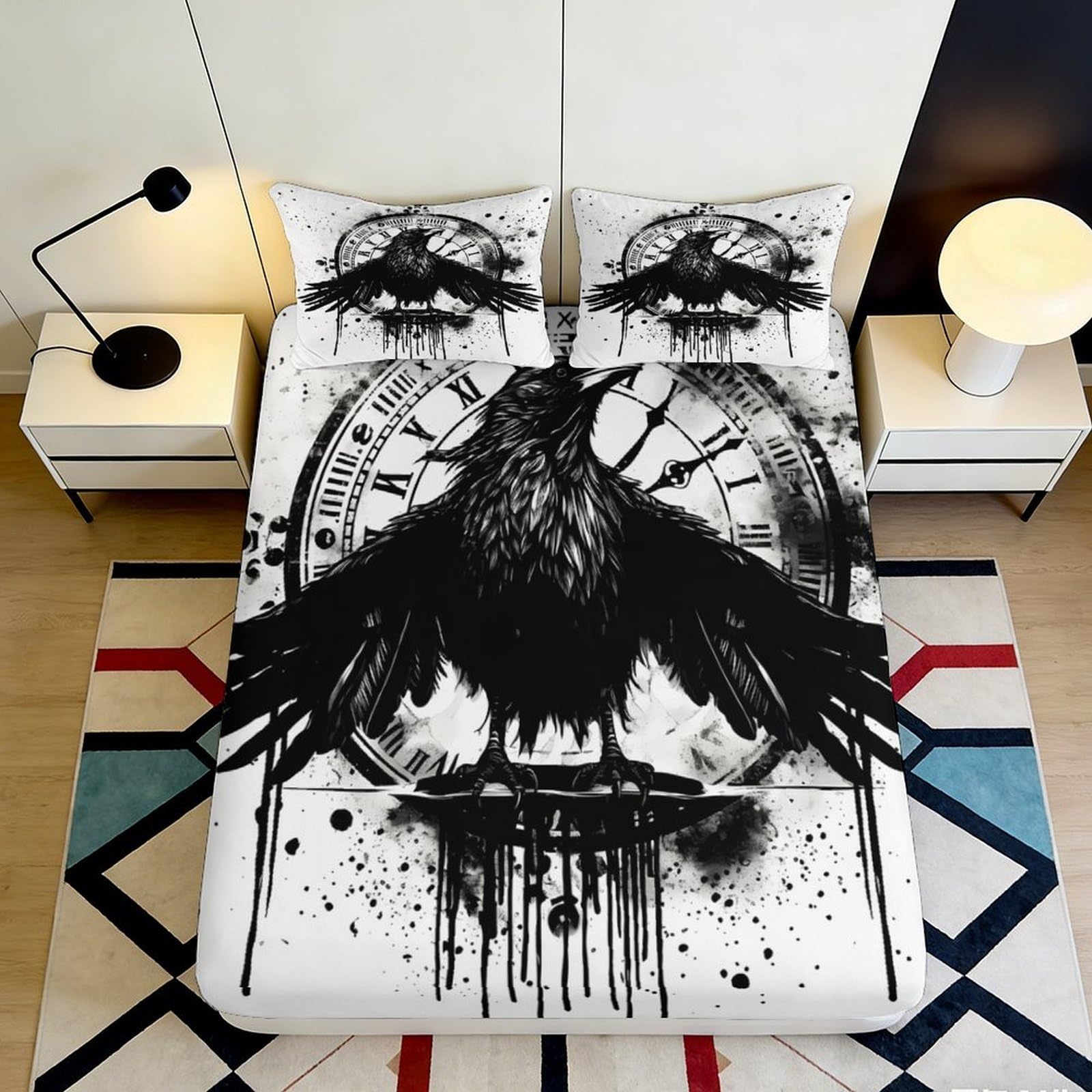 Pnayamiorkfel Style-10 3D Printed Gothic Raven Clock Fitted Sheet Microfiber Black Bed Cover For Bedroom Dorm Mattress Protection Decor 90X200x25cm