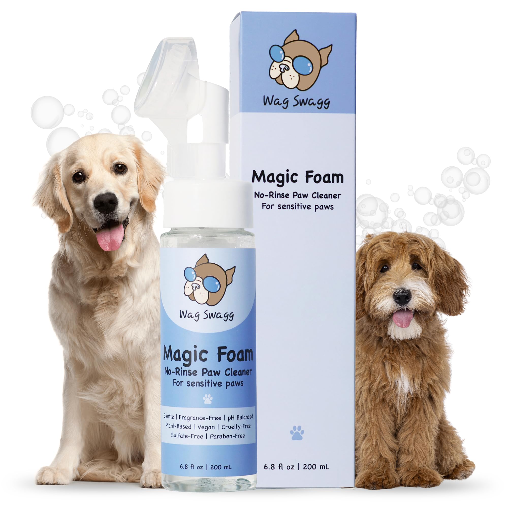 Wag Swagg Magic Foam Dog Paw Cleaner, No-Rinse Dog Feet Cleaner, pH Balanced Paw Wash Formula, Includes Paw Washer Silicone Brush, Vegan, Fragrance-Free, 6.8 fl oz