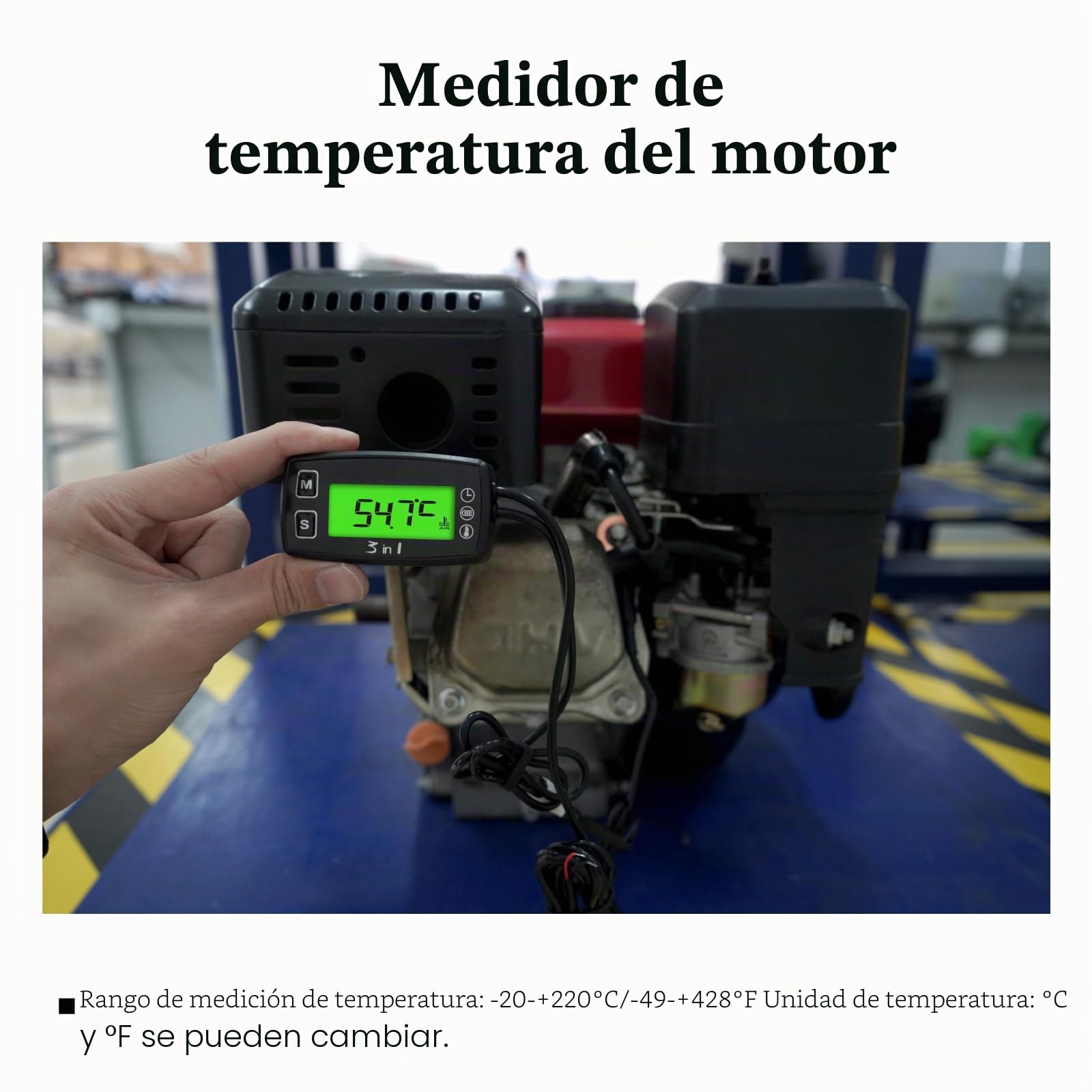 Medidor de temperatura del motor, voltímetro, reloj de 24 horas con alerta de sobretemperatura, función de retroiluminación verde para cortacésped, sierras de cadena, motocicletas, motores