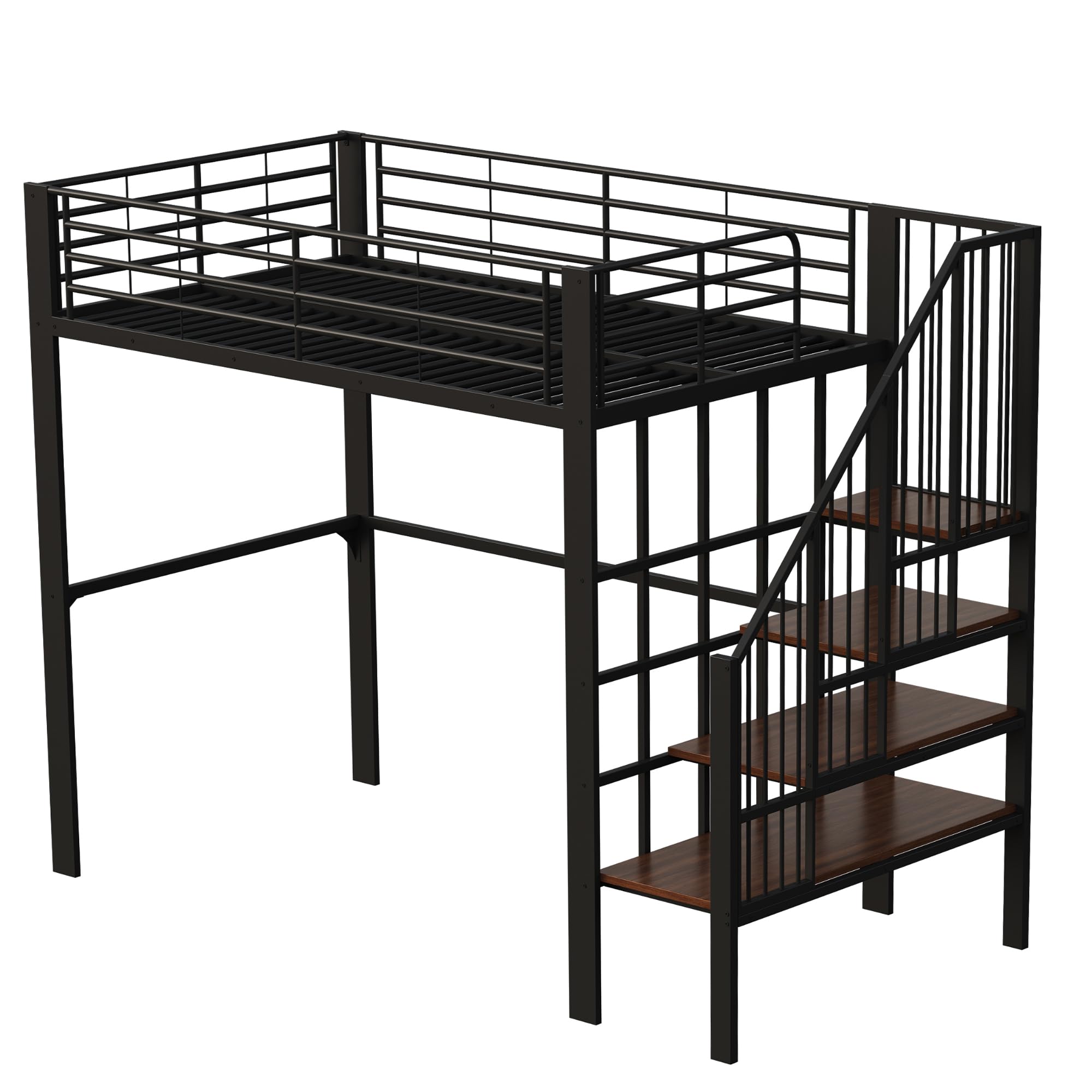 Merax Metall Hochbett 140 x 200 cm mit Regal, Multifunktionales Hochbett für 2 Personen mit Treppe, für Kinder, Schwarz (ohne Matratze, Schrank und Schreibtisch)