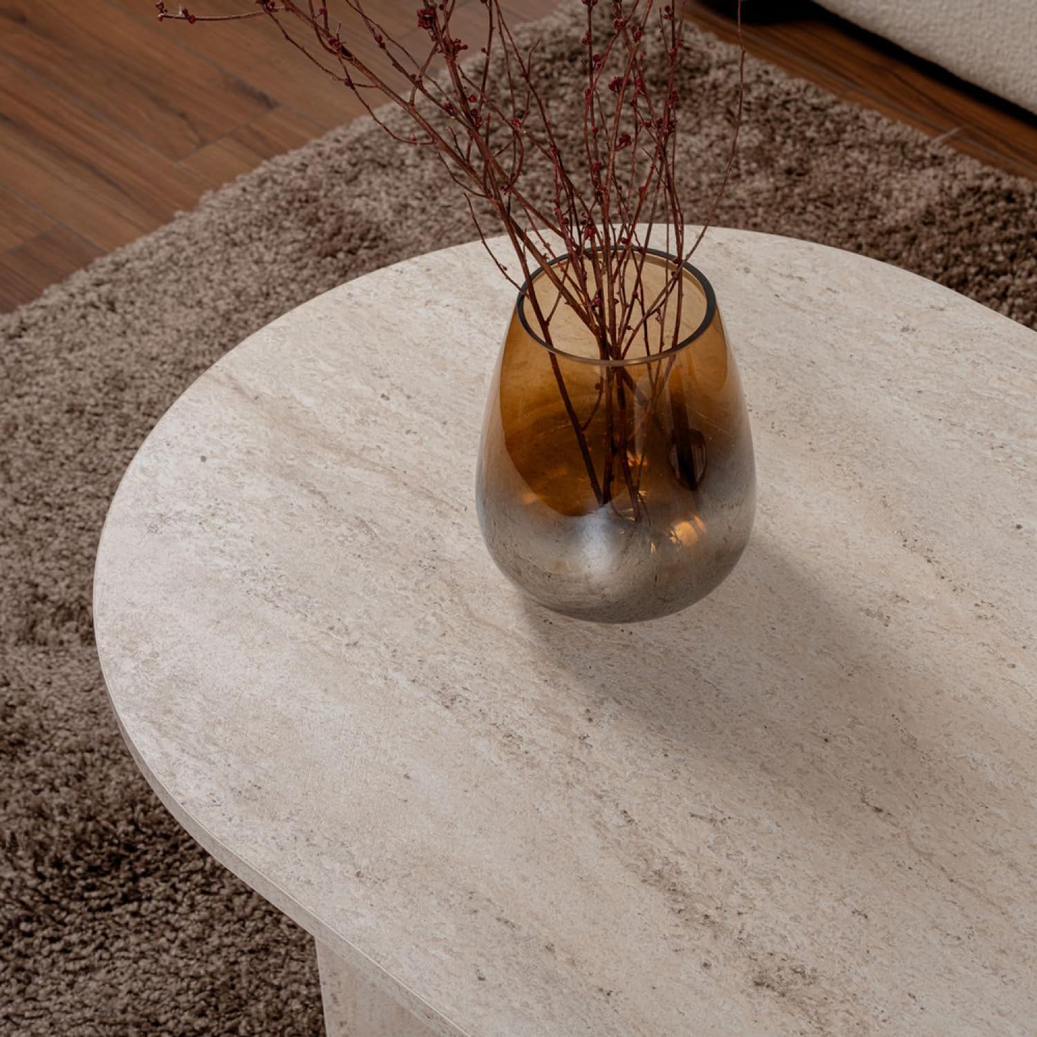 CONCEPTO FÁBRICA | Mesa baja ovalada 119 x 60 cm Acabado Travertino LYU | Elegancia Mineral y Estilo Natural | Madera Melaminada resistente | Diseño suave y contemporáneo | Salón Mediterráneo o