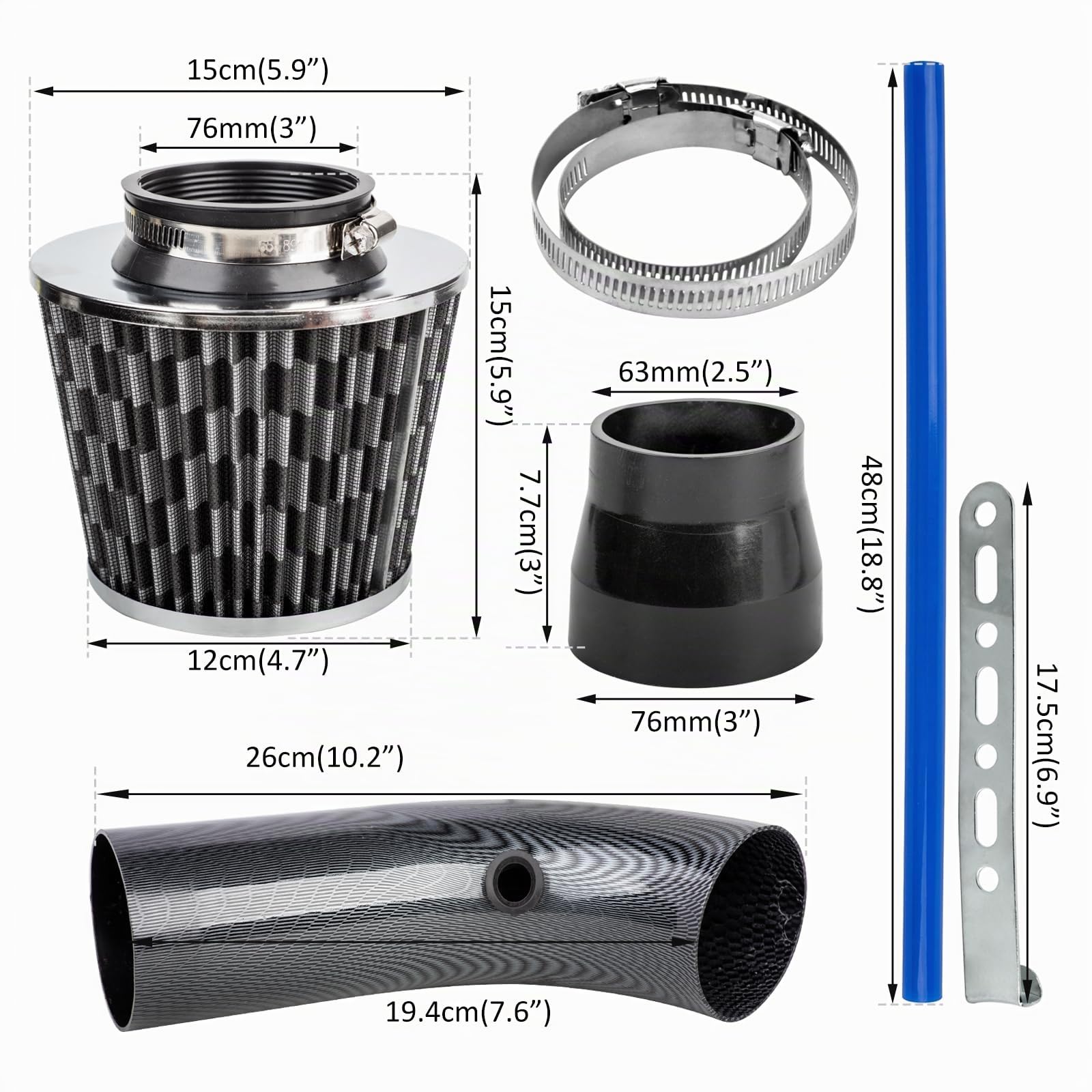 Catekro 76mm Kit Filtro Aria Auto Universale, 3 Pollici Filtro Sportivo | Filtro Aspirazione Dinamico a Cono, Sistema di Aspirazione Fredda ad Alta Potenza, Alto Flusso, Lavabile (Nero)