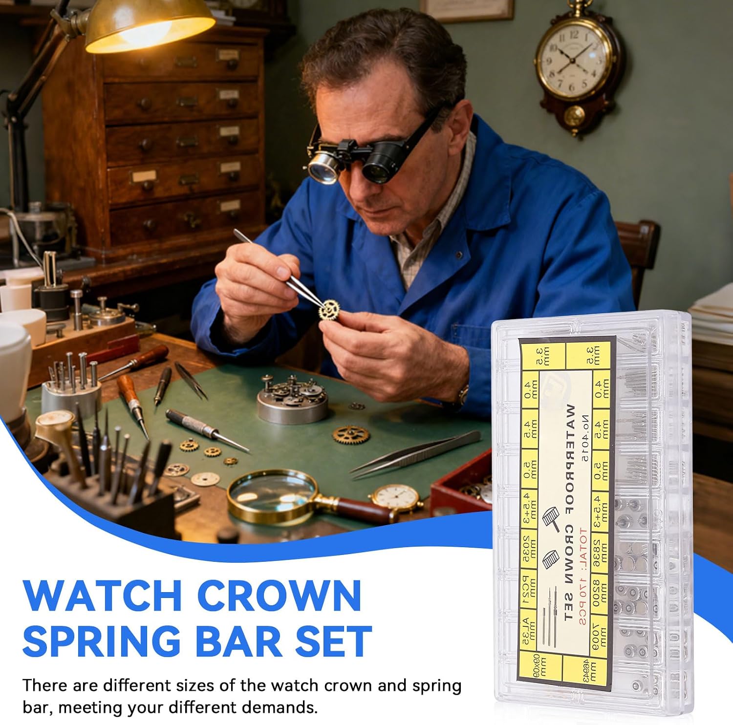 Watch Repair Kit, 10 Sizes Stainless Steel Watch Crown and Spring Bar Set Repairing Replacement Tool with Storage Box Watchmaker Tools
