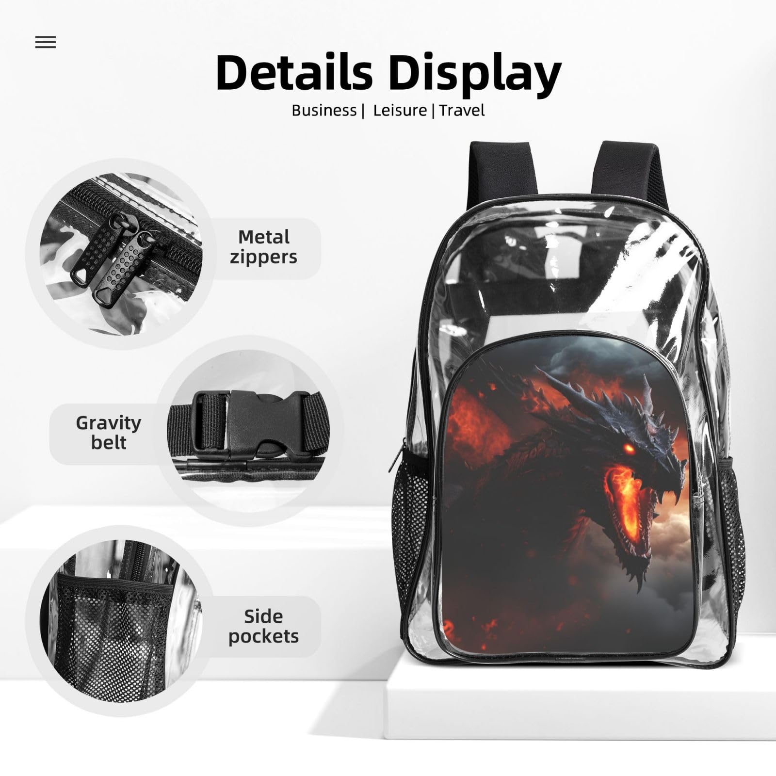 Ensemble de 3 sacs à dos transparents unisexes avec imprimé dragon magique pour l'école, les voyages, l'extérieur, sac à déjeuner transparent