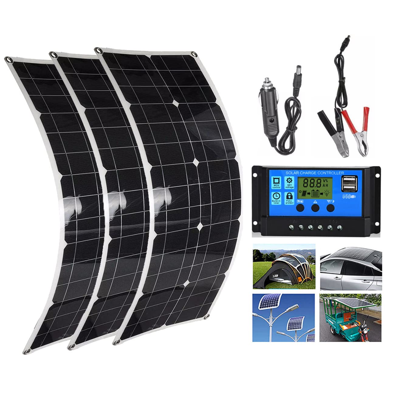 Kit De Panel Solar Flexible (100W 200W 300W 400W 500W 600W) + Controlador De 40 A, Panel Solar PortáTil De AlimentacióN Usb De 12 V Para Autocaravana/Techo/Barco/Coche/Camping, Ultrafino,3x100W
