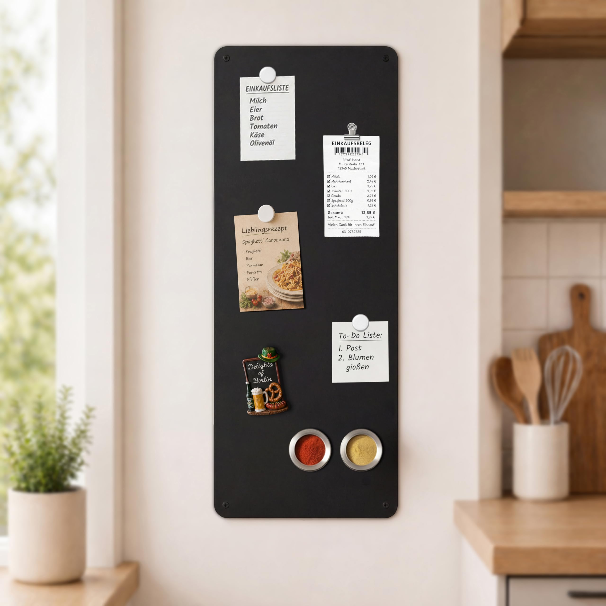 Magnettafel Küche Schwarz 30 x 70 cm: Matte Magnetwand aus Metall für Einkaufslisten & Urlaubsmagnete | Ideal für schmale Wandflächen neben dem Einbaukühlschrank für Familien & Ordnungsfans