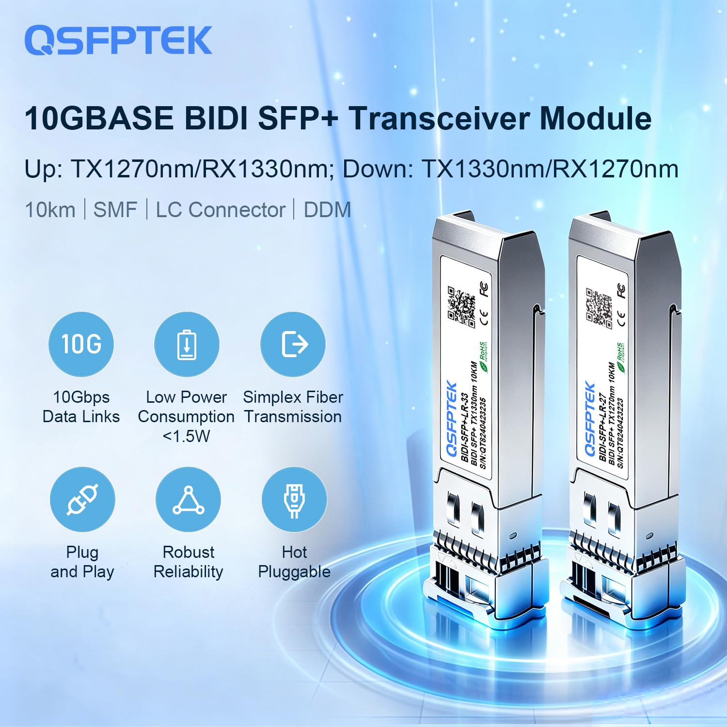 QSFPTEK 10G SFP+ Bidi Transceivers LC Single-Mode Module for Cisco SFP-10G-BXD-I (1330nm-TX/1270nm-RX) / SFP-10G-BXU-I (1270nm-TX/1330nm-RX),10KM, with DDM - 1 Pair