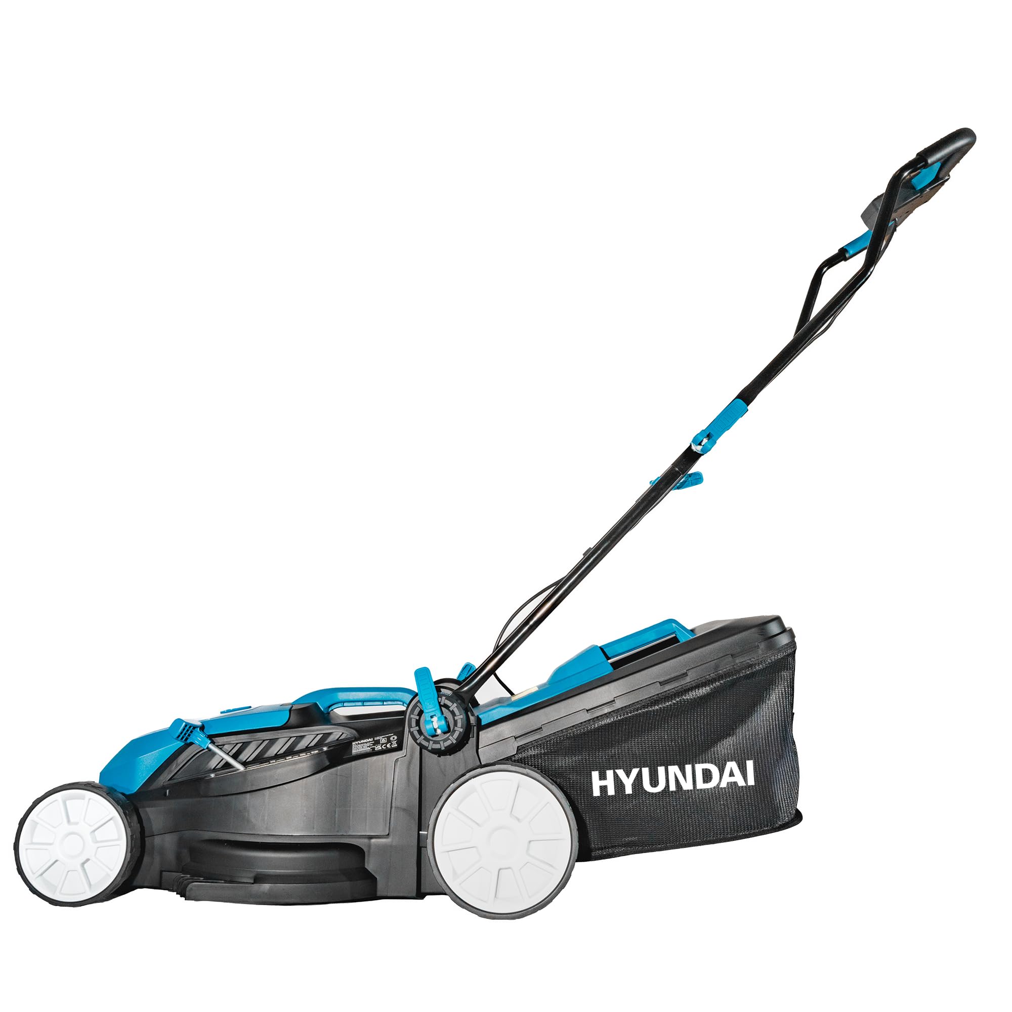 Hyundai Cortacésped inalámbrico de 38 cm, 40 V (2 x 20 V), Motor sin escobillas, 50 Minutos de Tiempo de Funcionamiento, 5 Alturas de Corte de 20 a 65 mm, Caja de césped de 36 L, 2 baterías de 4.0 Ah