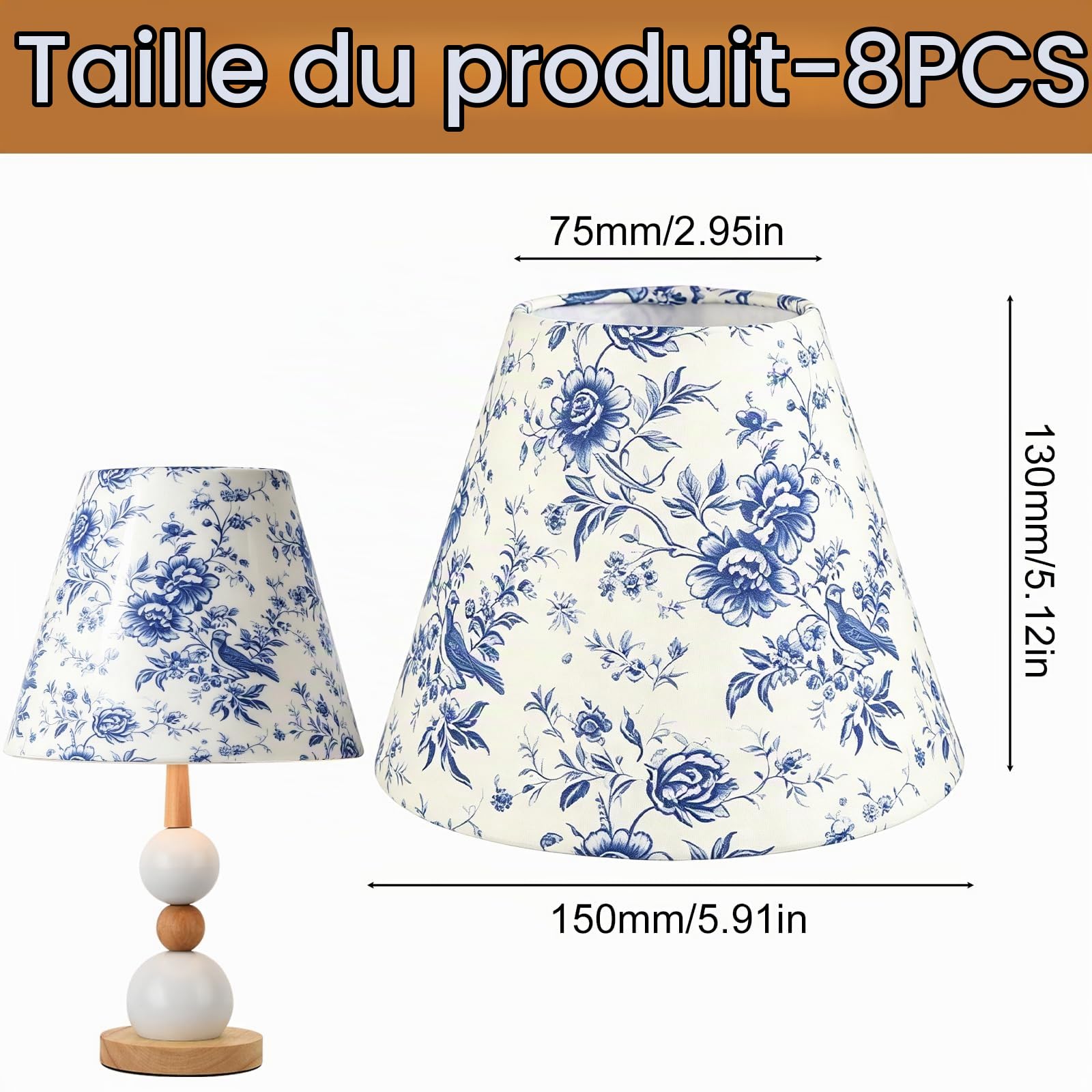 Lot de 8 abat-jours à clip, en tissu bleu et blanc, 15 x 13 x 7,5 cm, design floral, moderne, style simple, pour lampes à bougie, lustres, lampes de table, lampadaires, appliques murales, salons