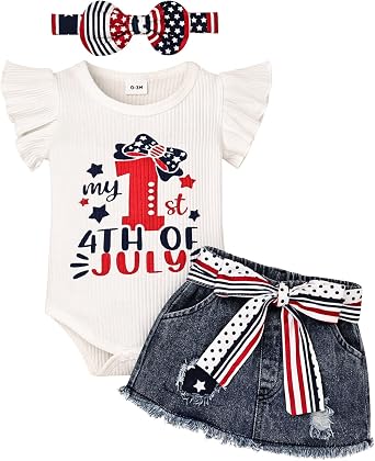 FOCUTEBB My 1st 4th of July Baby Girl Outfits Infant Romper Fourth of July American Flag Denim Skirt with Headband 0-18Months