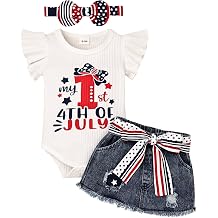 FOCUTEBB My 1st 4th of July Baby Girl Outfits Infant Romper Fourth of July American Flag Denim Skirt with Headband 0-18Months