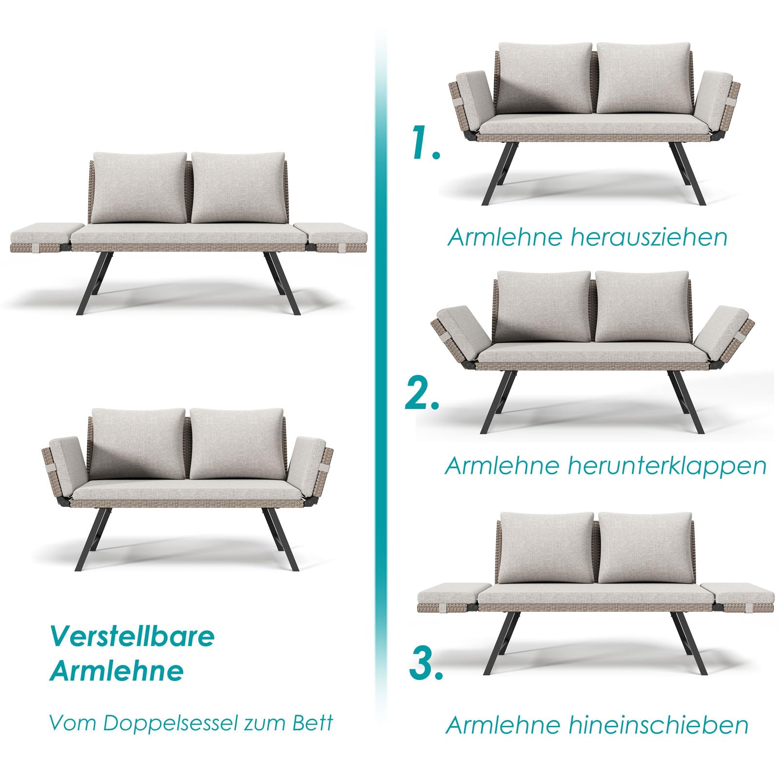 Balkonbank mit Liegefunktion,Liege Bank rattan 4-in-1 Gartenbank mit klappbaren Armlehnen,176cm Balkonsofa mit Kissen,abnehmbaren Sitzpolstern, Outdoor Lounge Sofa für Garten,Terrasse Balkon (Hell)