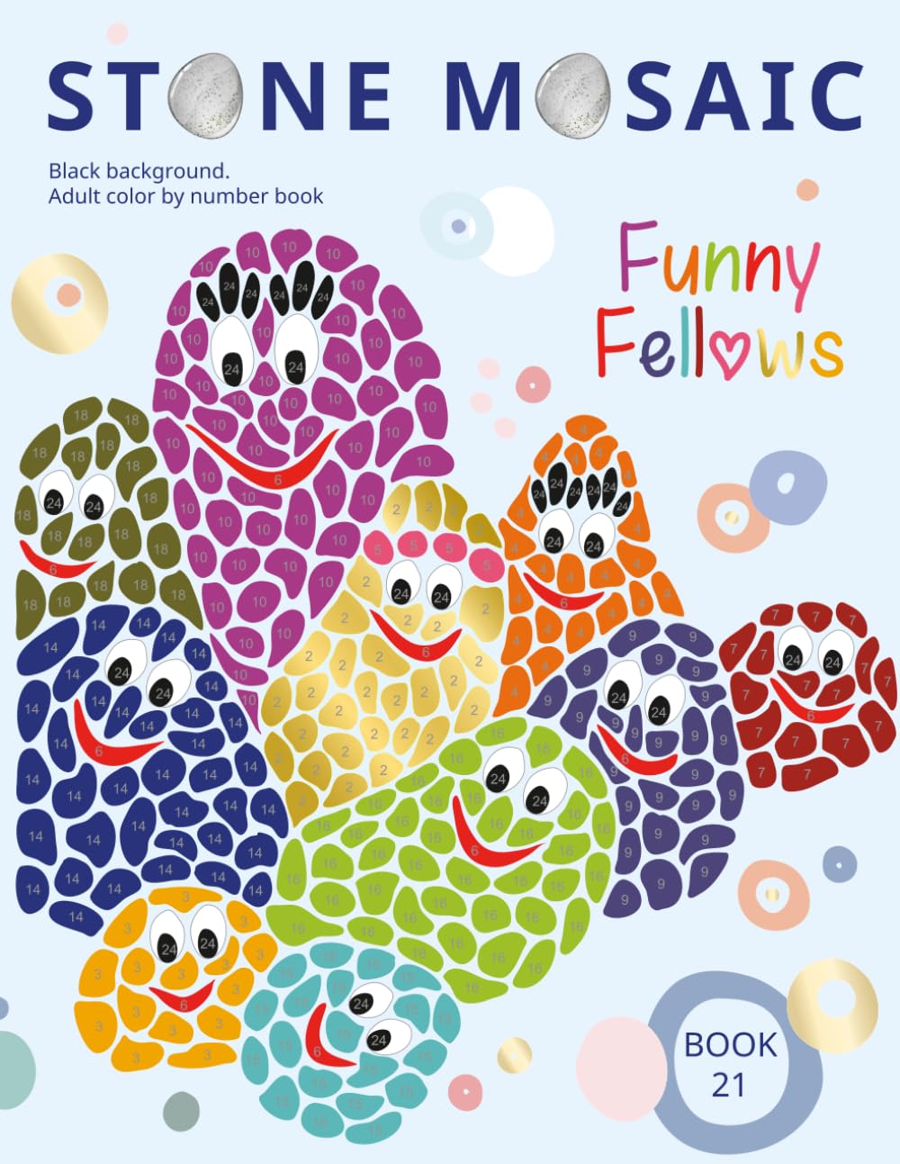STONE MOSAIC. Funny Fellows: Adult Color by number book. Black background.