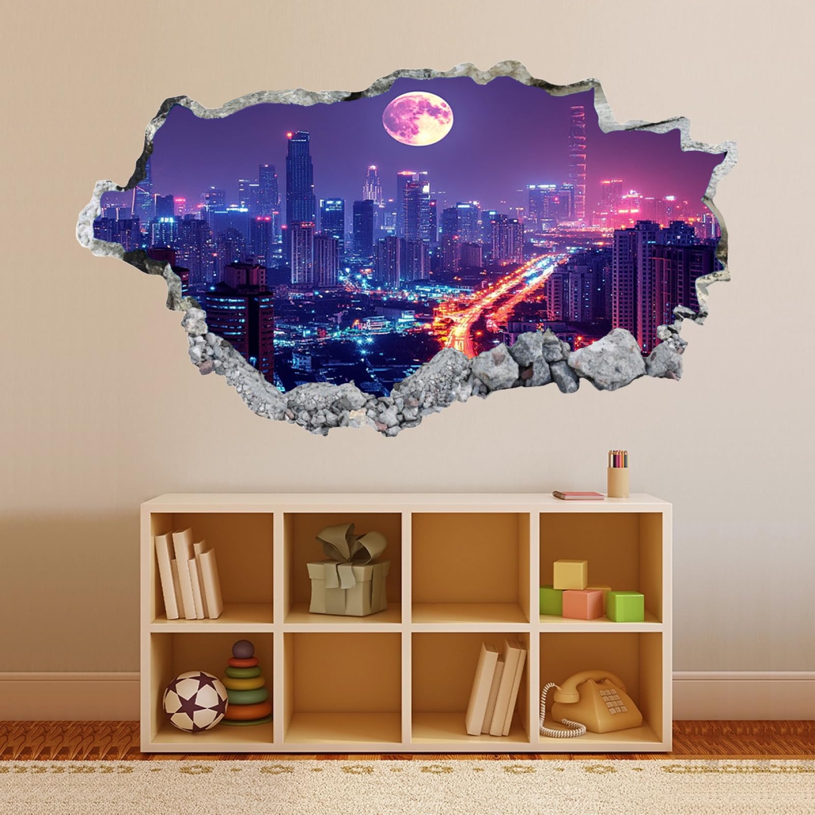 Calcomanía de pared 3D Horizonte De La Ciudad De La Luna Vinilos Decorativos Impermeable Tatuaje de pared para dormitorio de niños, sala de estar, decoración del hogar 70x122cm