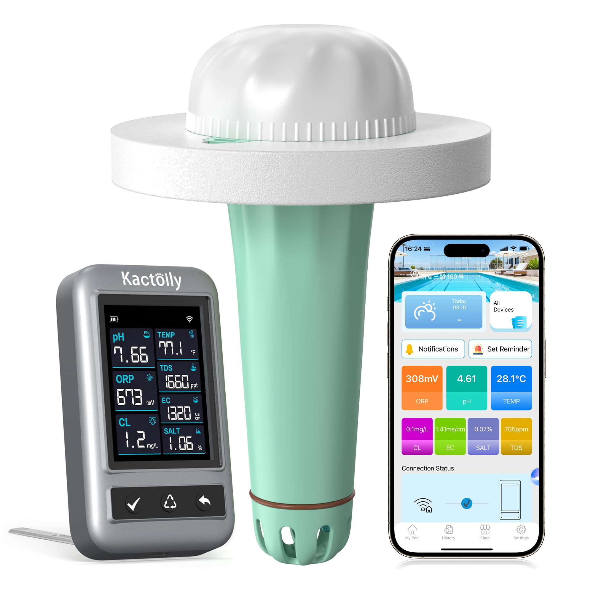 Intelligenter 7-in-1 Pooltester mit App-Steuerung, Digitaler Pool Messgerät für pH, Chlor, TDS, EC, ORP, Salz, Temperatur, IP68 wasserdichtes Wassertester für Pools, Whirlpools, Spas, Schwimmbad