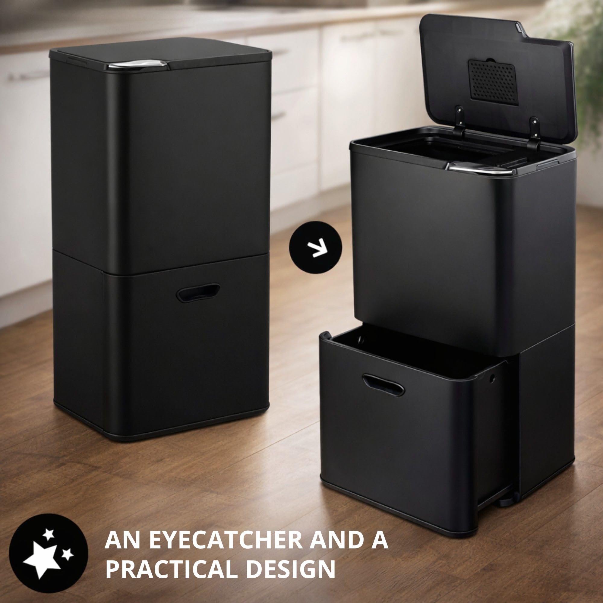Bayt Cubo De Reciclaje De 60 L Para Cocina - Cubos De Cocina De 60 Litros Con Dos Cubos Interiores Para La Separación De Residuos | Cubo De Basura Vertical De Acero Inoxidable Negro Mate