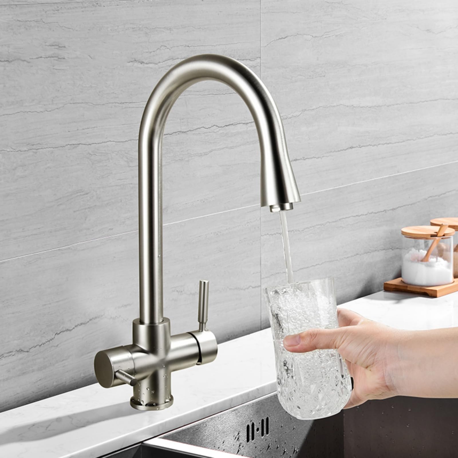 Grifo Osmosis 3 Vias Cepillado Grifo Cocina con Osmosis Integrado Giratorio a 360° Mezclador Grifo de Cocina con 2 Salidas