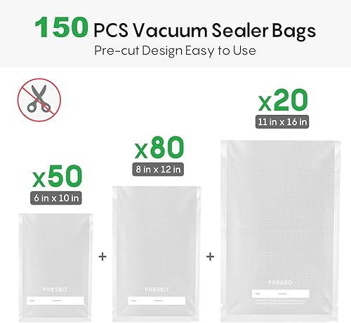Miniatura 8 de FRESKO Bolsas selladoras al vacío, 150 galones de 11 x 16 pulgadas y cuarto de galón de 8 x 12 pulgadas y pinta de 6 x 10 pulgadas, bolsa precortada