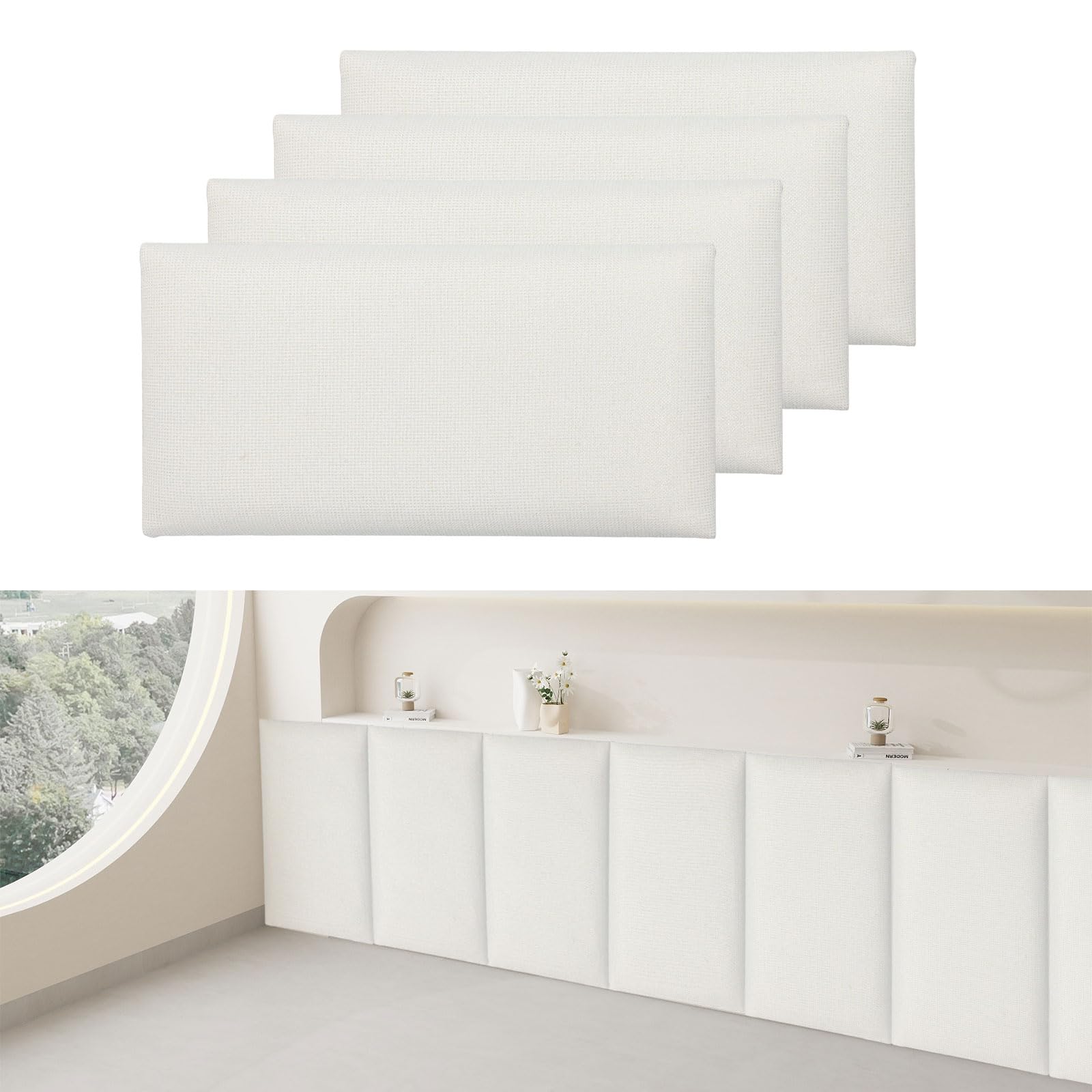Rembourrage mural anti-collision pour enfants, tête de lit rembourrée murale, panneaux insonorisants 3D autocollants pour très grand lit, grand lit et lit complet, matériau en lin (blanc beige)
