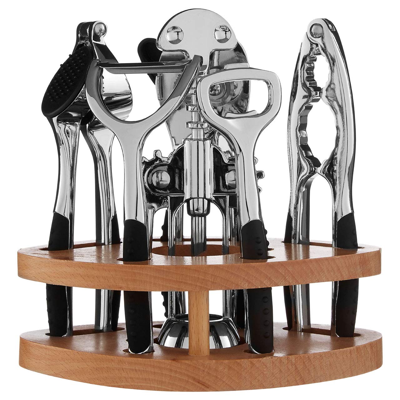 Chrome Kitchen Tool Set with Natural Wood Stand - 7-Piece Utensil Gadget Set for Food Prep - Premier Housewares