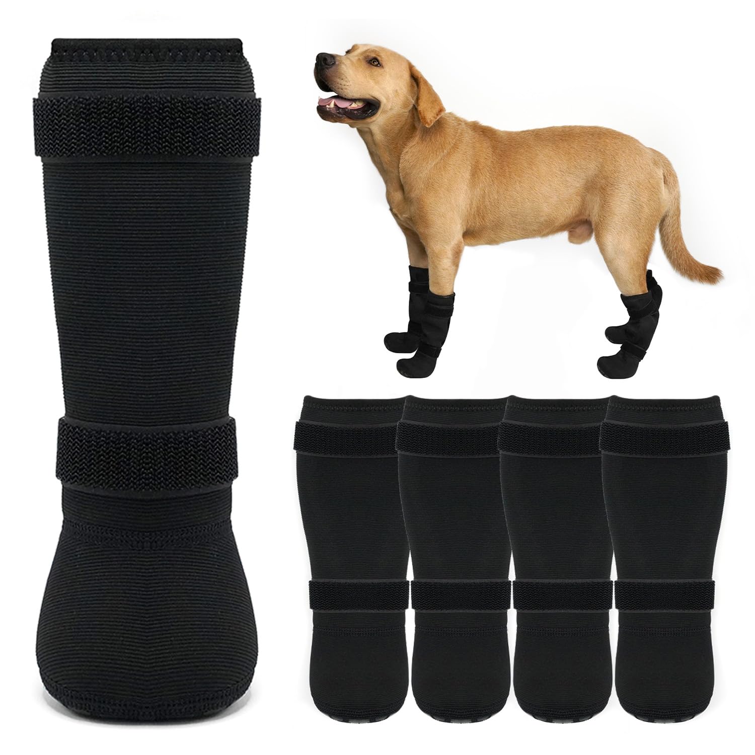 COODEO Dog Leg Sleeves to Prevent Licking, Waterproof Dog Paw Protectors for Medium & Large Dogs, Anti-Slip Recovery Socks for Front & Rear Legs, Adjustable Straps, 2 Pack（Black,L）