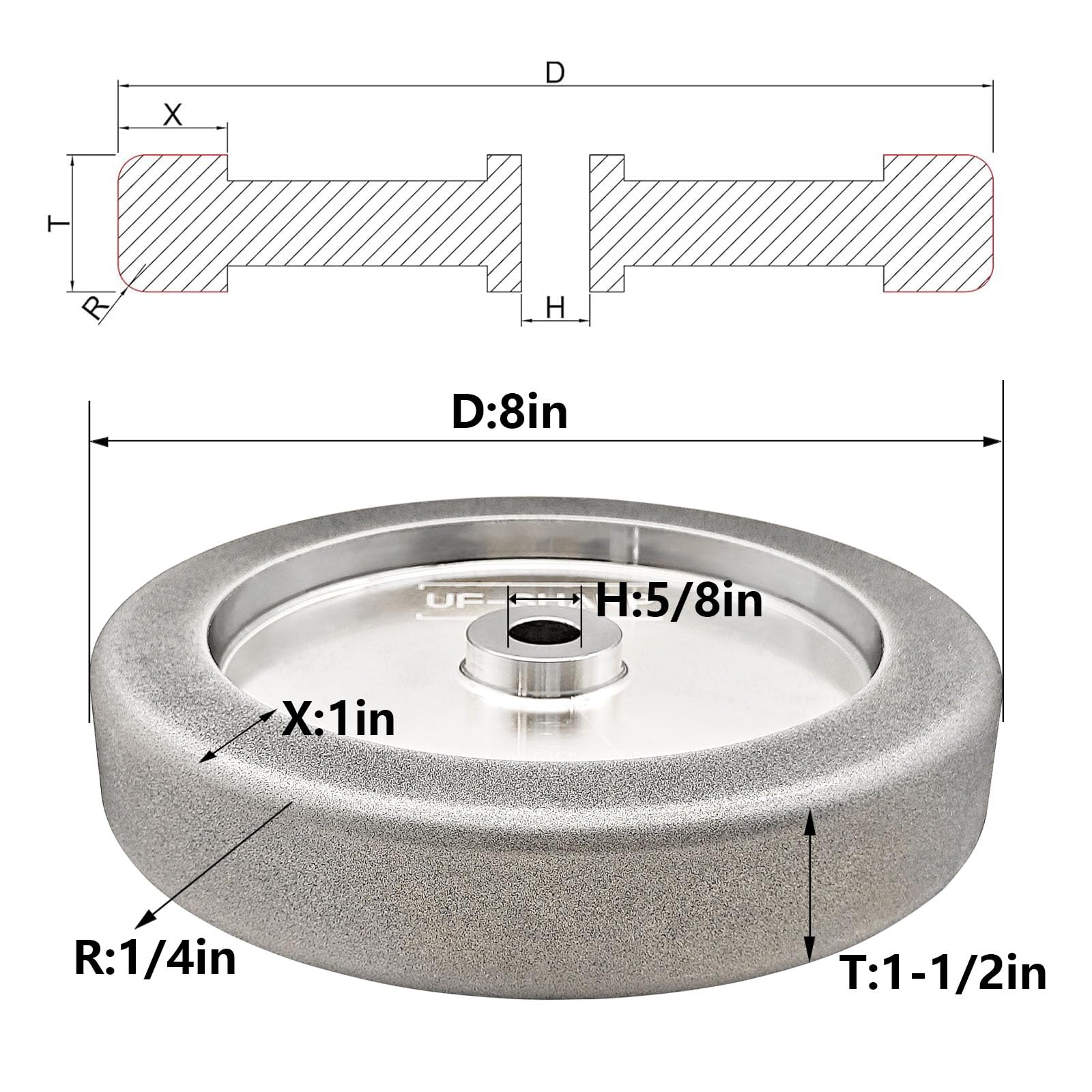 Muela abrasiva 4 en 1 Plus CBN de 8 pulgadas, 1.5 pulgadas de ancho, eje de 5/8 pulgadas, radio de 1/4 pulgadas para afilar herramientas de torneado de madera, herramientas HSS (grano 600)