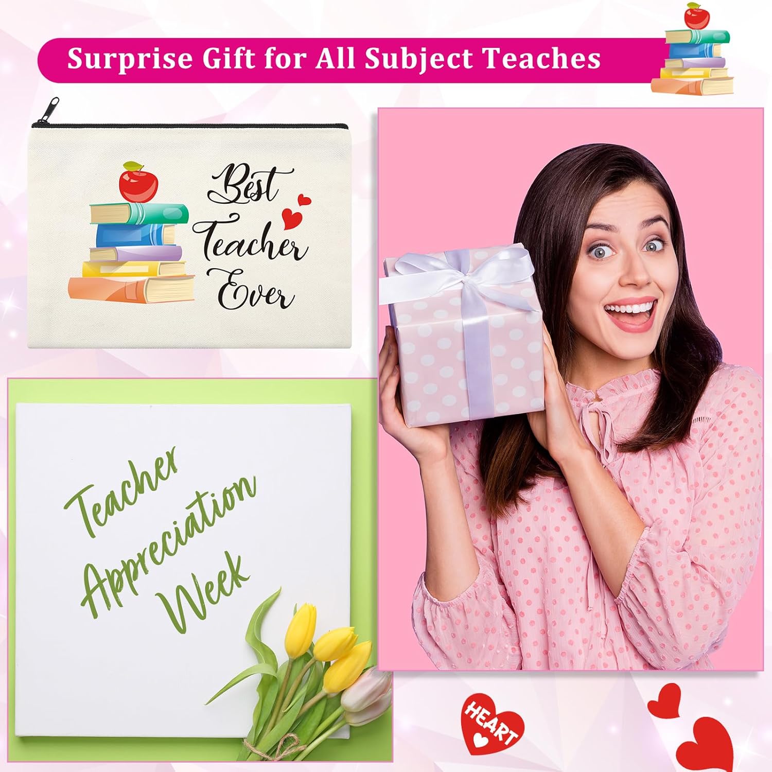 18 Pcs Teacher Makeup Bags for Women 6 Styles Canvas Pencil Bags Travel Toiletry Case with Zipper Gift for Teacher's Day Graduation Back to School (Cute)