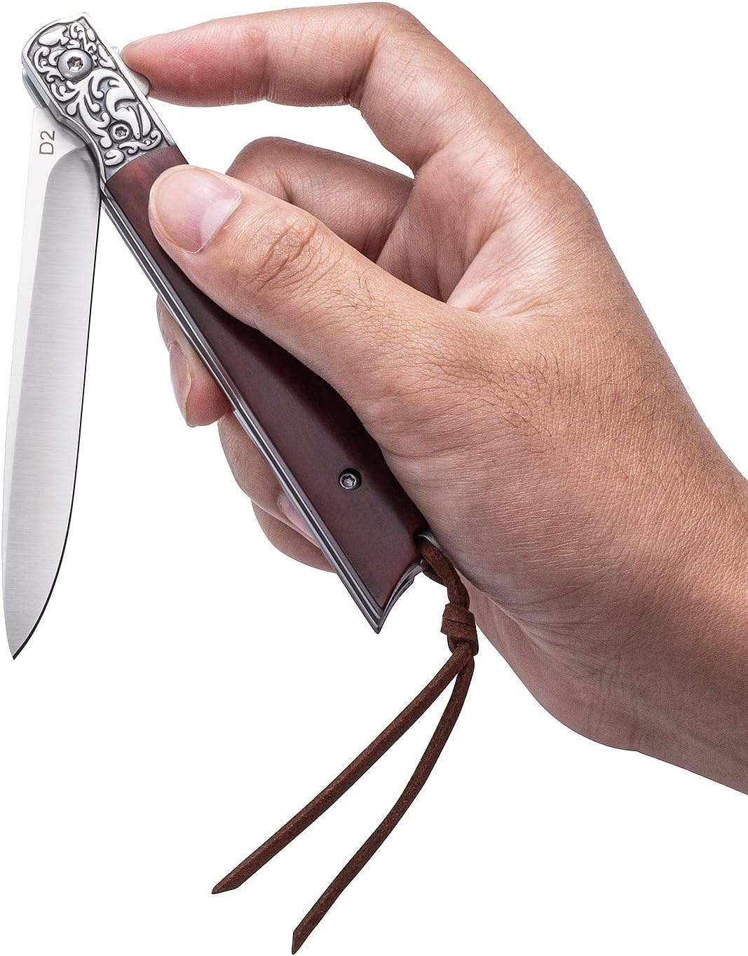 Tactical Knife, Small Pocket Folding Knife with Lanyard & Sheath, D2 Steel Blade, Liner Lock and Red Sandalwood Handle for Outdoor, Survival, Camping, Hunting and EDC