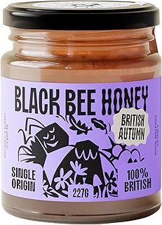 Black Bee Honey - Pure British Autumn Honey, Thick with Bold Aromatic Flavours, Unprocessed, Single Source from Hive to Jar, Never Blended - Delicious on Toast, Soothing in Drinks, 227g Glass Jar