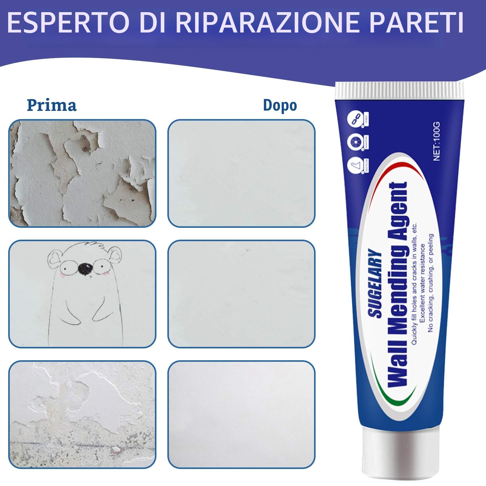 Stucco per Muro, Kits Stucco Riempitivo per Muro, Efficacemente Riparare Graffi da Parete, Fori per Unghie, Crepe, Graffiti (100g) (1pack)