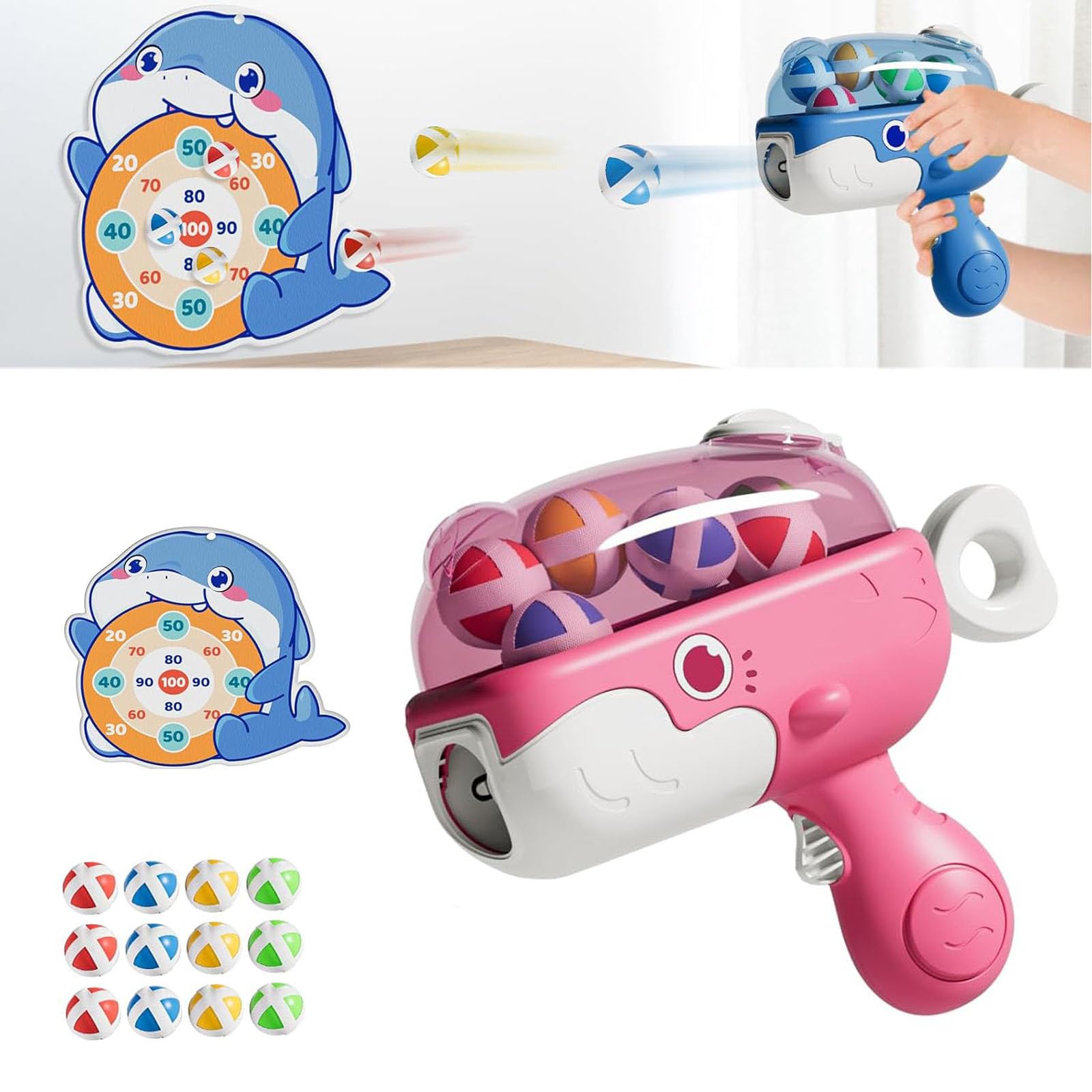 Whale Ball Launcher Toy for Kids, Sticky Ball Gun with 12 Suction Cup Darts