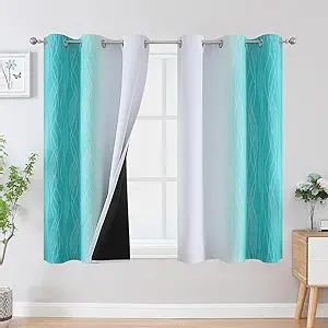 Estelar Textiler Teal and Greyish White Blackout Curtains 45 Inch Length, Light Blocking Gradient Drapes for Kitchen, Thermal Insulated Grommet Ombre Curtains for Bathroom,42Wx45L,2 Panels