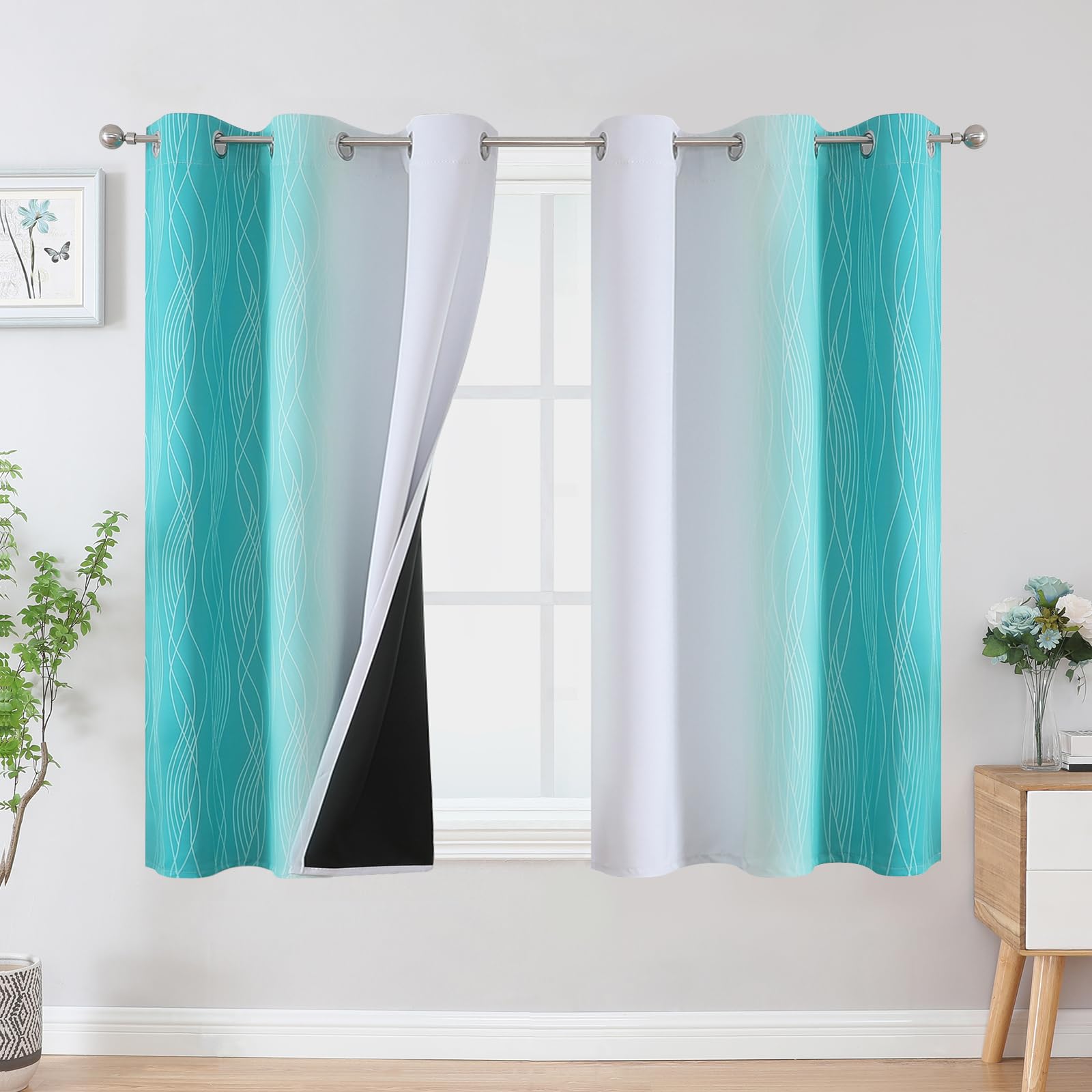 Estelar Textiler Teal and Greyish White Blackout Curtains 54 Inch Length, Light Blocking Gradient Grommet Drapes for Living Room, Thermal Insulated Ombre Curtains for Bathroom,42Wx54L,2 Panels