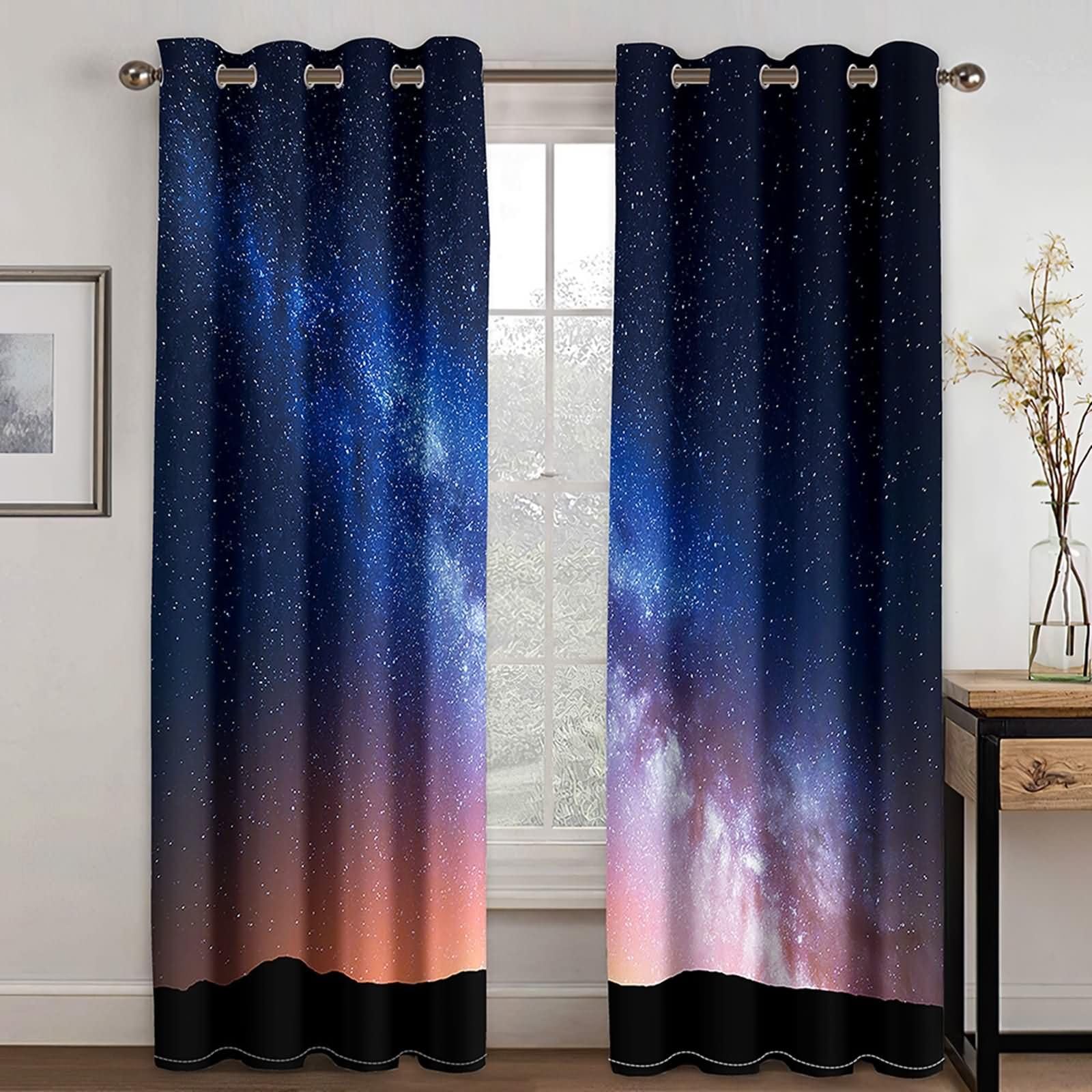 Küchen Vorhang Blickdicht 2 Stück,2 x 86W x 160H cm,Küchengardinen Modern mit Ösen Sternenklarer Himmel Schwarz Blau Gardinen für Balkon Modern