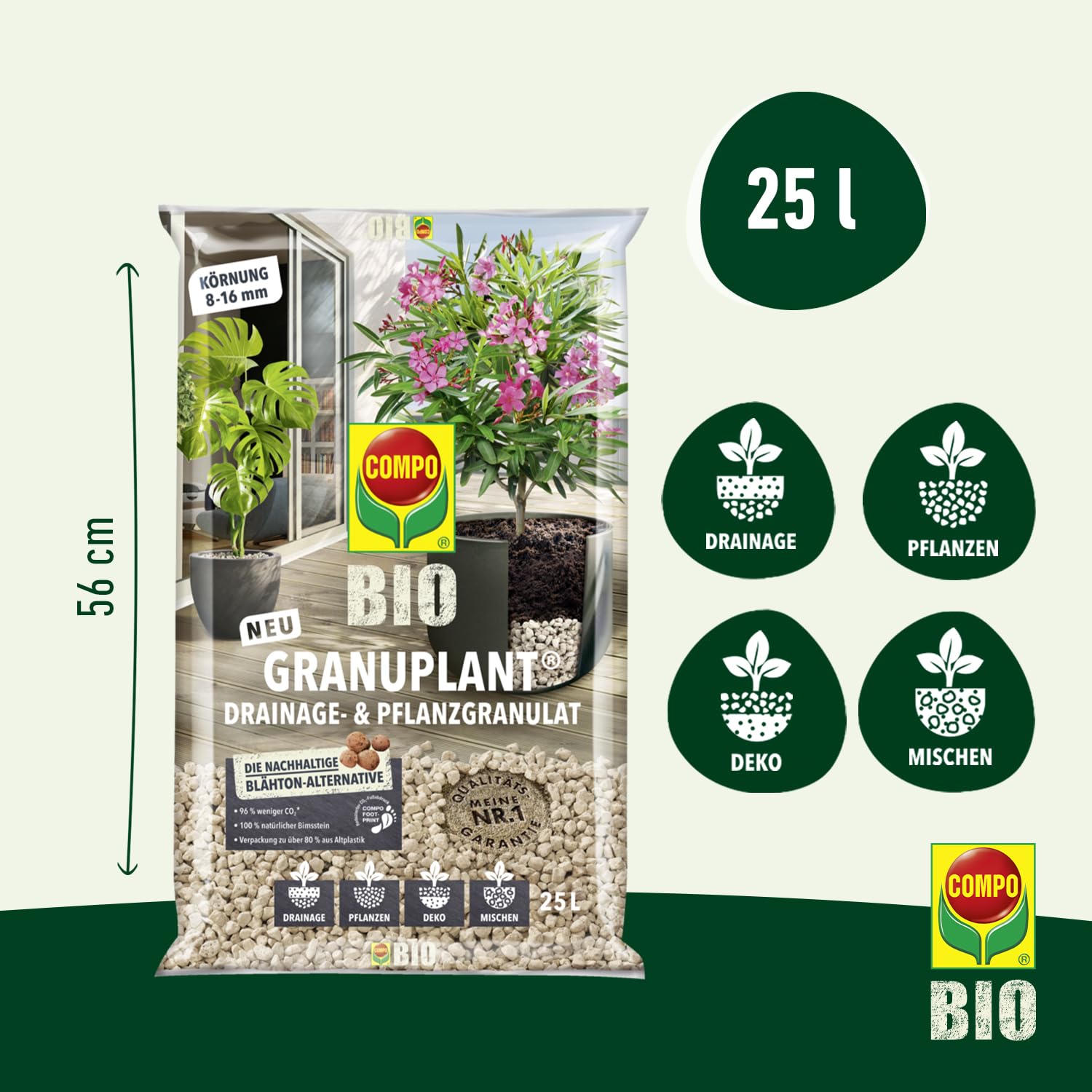 COMPO Bio Granuplant Granuplant Granulés de Drainage et de Plantation - Pierre Ponce 100% Naturelle - Alternative Durable à l'argile expansée - 25 litres