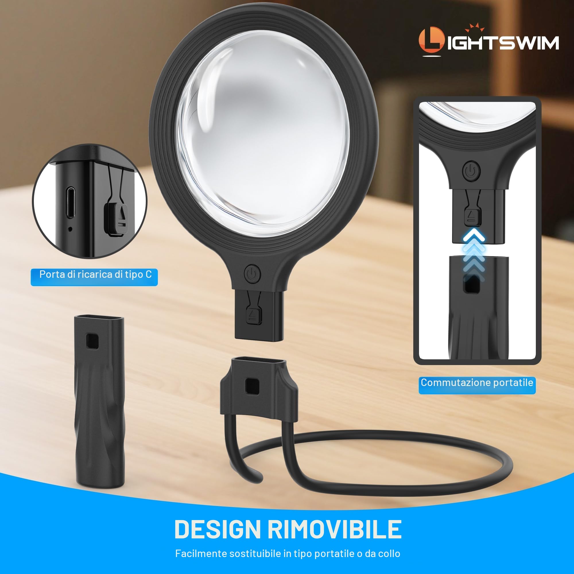 Lente d'ingrandimento da collo con luce 138mm 5X portatile illuminata 10X migliorate