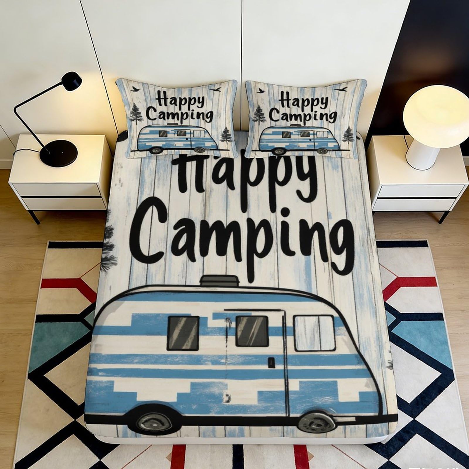 3D Printed Camping Fitted Sheet Microfiber Deep Pocket Bedroom Bedding Camper Mattress Fitted Cover Elastic Hem Adults Youth 200x200x25cm 90x200x25cm